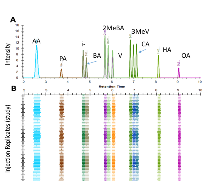  typical chromatogram for separation of SCFA’s from a fecal sample is shown in Figure 1A., and the reproducibility of the chromatography for the analysis of > 100 samples is illustrated in Figure 1B.