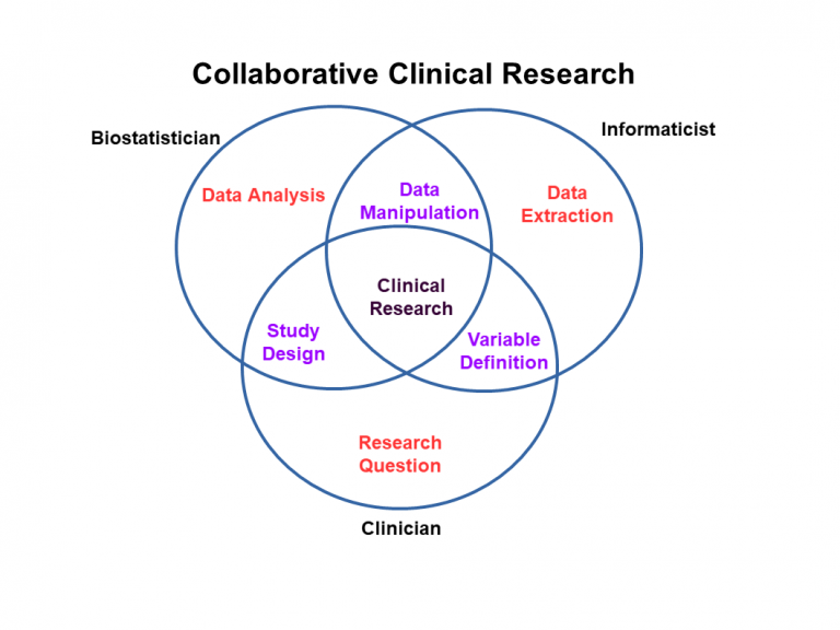 Venn diagram showing roles of biostatisticians, informaticists, and clinicians in research.