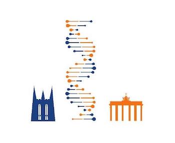 abstract graphical with duke chapel, dna strand, and berlin college 