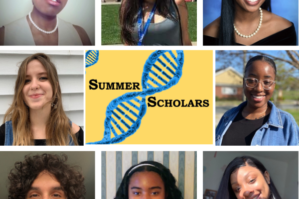 eight headshots of students in a 3 by 3 grid. middle picture is the summer scholars logo
