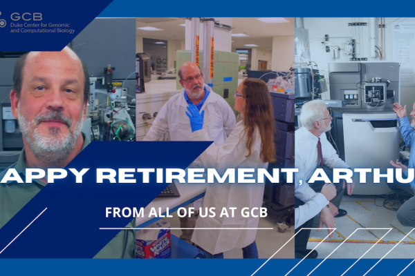 Happy retirement, Arthur! From all of us at GCB. three pictures of arthur: headshot, in the lab with a colleague, showing off equipment