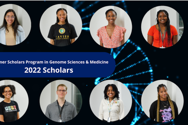 2 by 4 grid of headshots; summer scholars in genome science and medicine 2022 scholars