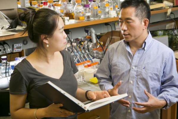 two people having a conversion in a lab setting