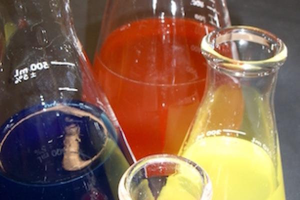 bottles of colored solution
