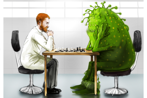 man in lab coat playing chess with enlarged animated monster cancer cell 