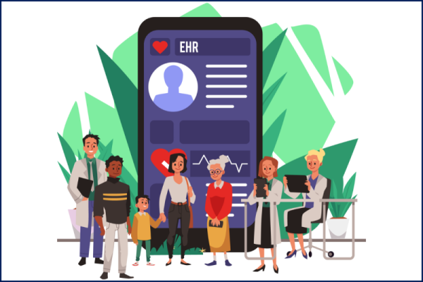 Cartoon-style image of people in health care standing around a giant screen with medical records