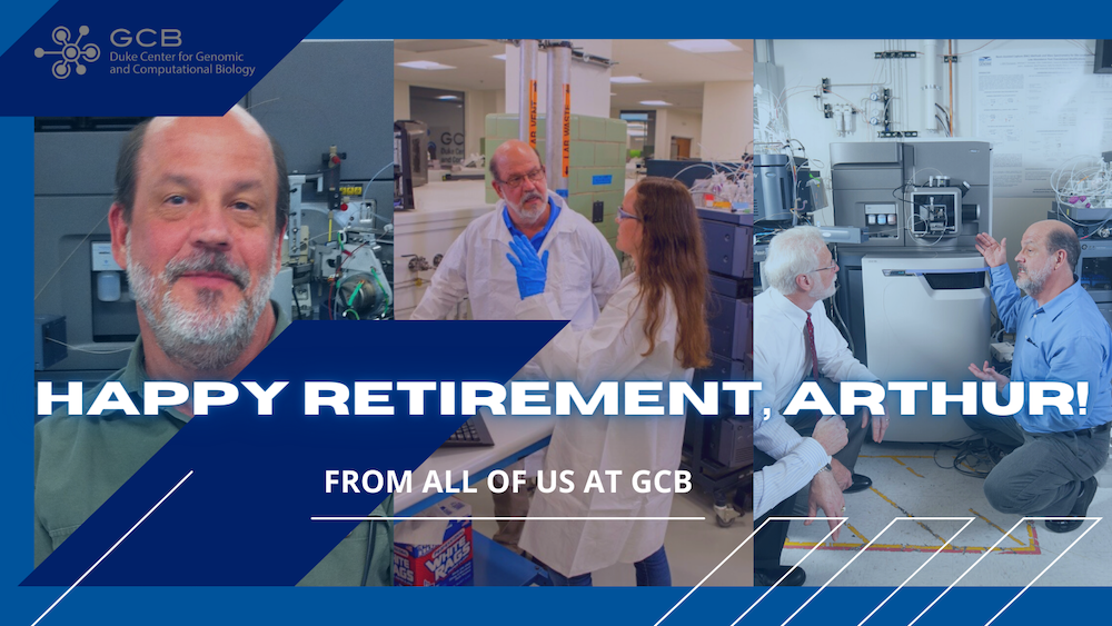 Happy retirement, Arthur! From all of us at GCB. three pictures of arthur: headshot, in the lab with a colleague, showing off equipment