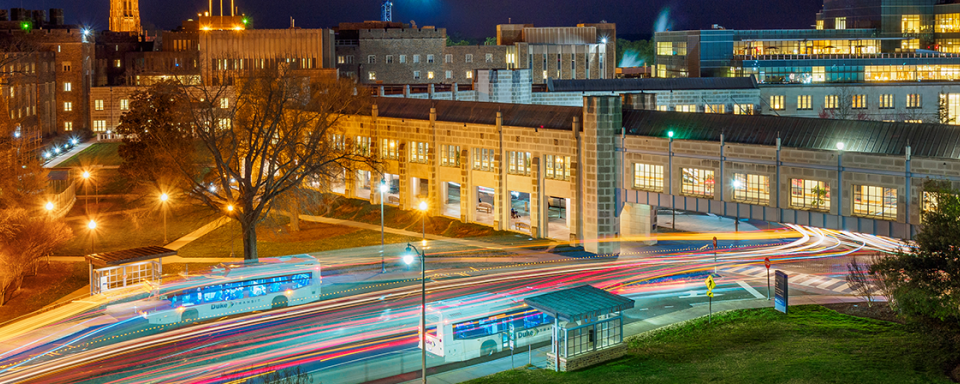A time lapse photograph of Duke Medicine Circle at night. 