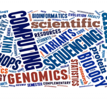 Word cloud about genomics, computing, statistics, and other science terms