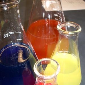 bottles of colored solution 
