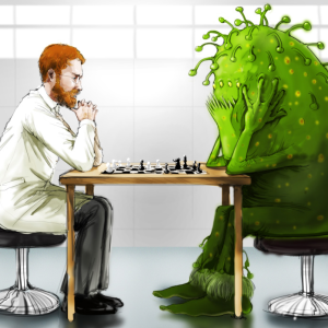 man in lab coat playing chess with enlarged animated monster cancer cell 