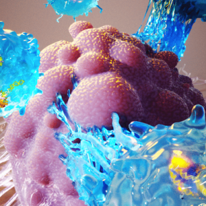 artistic rendering of a CRISPR enhanced T cell attacking a tumor