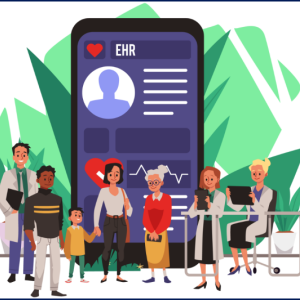 Cartoon-style image of people in health care standing around a giant screen with medical records